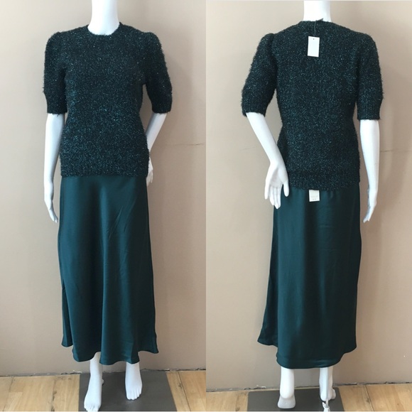 Rachel Zoe Dresses & Skirts - NWT Rachel Zoe 2-Pc Set Dark Green Short Sleeve Sweater Satin Midi Skirt Women S